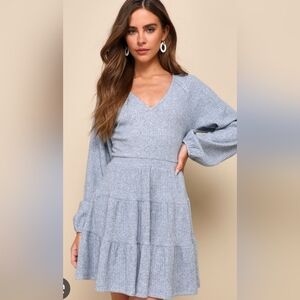Lulu's Heathered Light Blue V-Neck Tiered Knit Dress